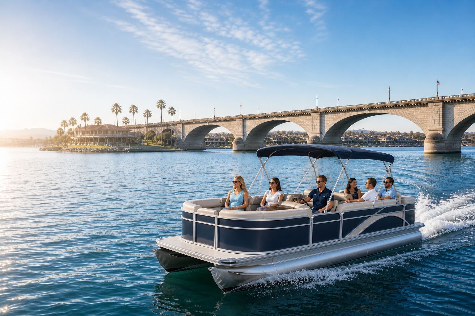 Boat rentals on Lake Havasu at sunset with mountains in the background